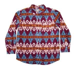Wrangler Aztec Print Fleece Button-Up Shirt M Long Sleeve Retro Western